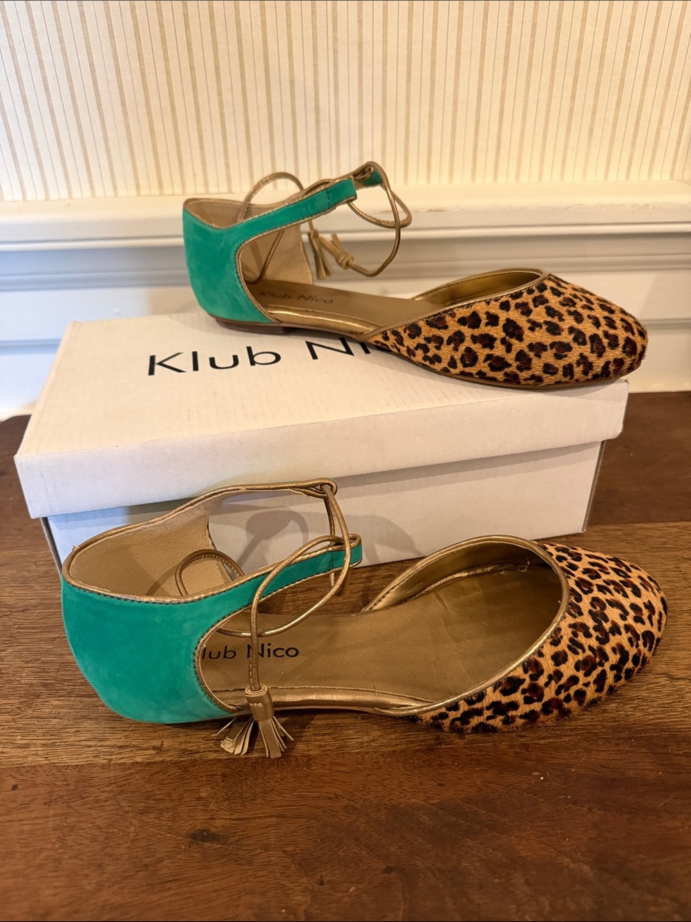 Klub Nico Leopard Print & Teal Ankle-Tie Flats
